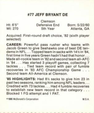 1986 McDonald's Seattle Seahawks #NNO Jeff Bryant Back