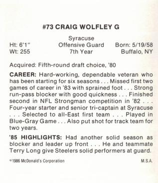 1986 McDonald's Pittsburgh Steelers #NNO Craig Wolfley Back