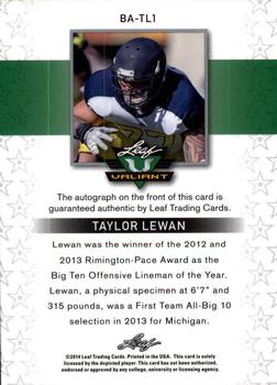 2014 Leaf Valiant #BA-TL1 Taylor Lewan Back