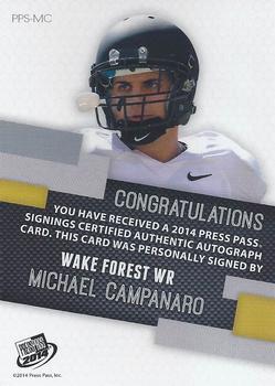 2014 Press Pass - Autographs Green #PPS-MC Michael Campanaro Back