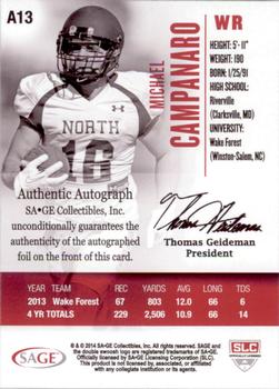 2014 SAGE HIT - Autographs #A13 Michael Campanaro Back