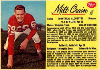 1963 Post Cereal CFL #5 Milt Crain Front