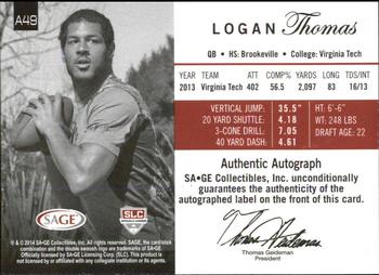 2014 SAGE Autographed #A49 Logan Thomas Back