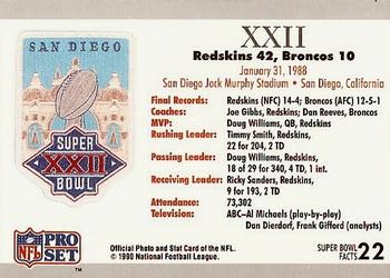 1990-91 Pro Set Super Bowl XXV Silver Anniversary Commemorative #22 SB XXII Ticket Back