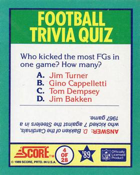 1989 Score - Magic Motion: Football Trivia Quiz #4 Football Trivia Quiz Back