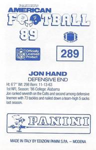 1989 Panini Stickers (UK) #289 Jon Hand Back