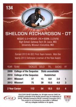 2013 SAGE HIT - Red #134 Sheldon Richardson Back