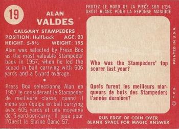 1958 Topps CFL #19 Alan Valdes Back