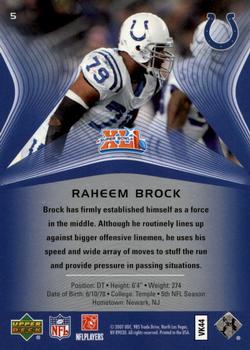 2007 Upper Deck Super Bowl XLI Box Set #5 Raheem Brock Back
