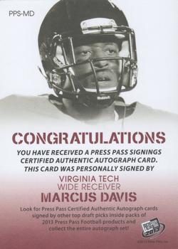 2013 Press Pass - Autographs Silver #PPS-MD Marcus Davis Back