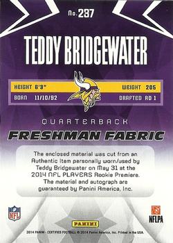 2014 Panini Certified #237 Teddy Bridgewater Back