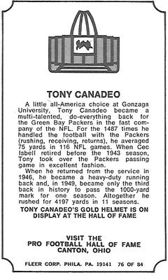 1975 Fleer Football Patches - Immortal Roll #76 Tony Canadeo Back