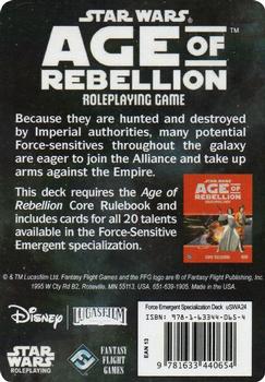 2014 Fantasy Flight Games Star Wars Age of Rebellion Specialization Deck Universal Force-Sensitive Emergent #NNO Credits Back