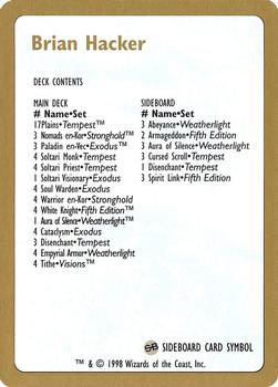 1998 Magic the Gathering World Championship Decks 1998 #NNO Brian Hacker Decklist Front