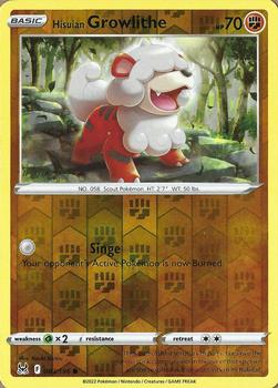 2022 Pokemon Sword & Shield Lost Origin - Reverse Holo #083/196 Hisuian Growlithe Front