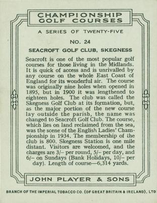 1936 Player's Championship Golf Courses #24 Seacroft Golf Club Back