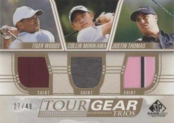 2021 SP Game Used - Tour Gear Trios Gold #TG3-WTM Tiger Woods / Justin Thomas / Collin Morikawa Front