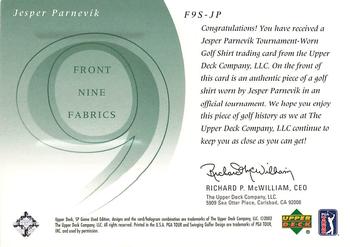 2002 SP Game Used - Front 9 Fabric #F9S-JP Jesper Parnevik Back