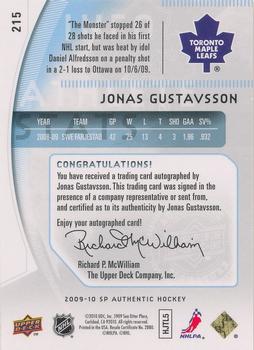 2009-10 SP Authentic #215 Jonas Gustavsson Back