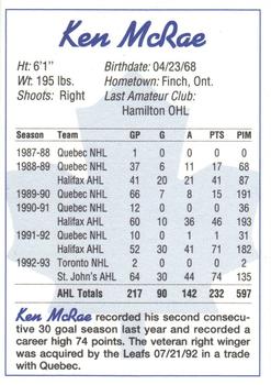 1993-94 St. John's Maple Leafs (AHL) #NNO Ken McRae Back
