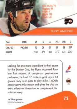 2003-04 In The Game Toronto Star #72 Tony Amonte Back