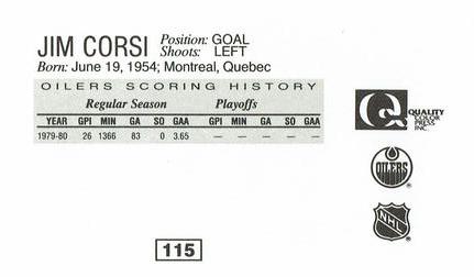 1988-89 Edmonton Oilers Action Magazine Tenth Anniversary Commemerative #115 Jim Corsi Back