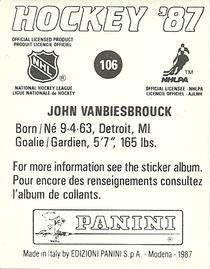 1987-88 Panini Stickers #106 John Vanbiesbrouck Back