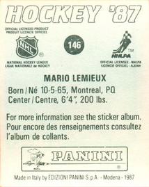 1987-88 Panini Stickers #146 Mario Lemieux Back