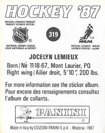 1987-88 Panini Stickers #319 Jocelyn Lemieux Back