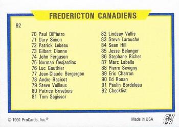 1991-92 ProCards AHL/IHL/CoHL #92 Fredericton Canadiens Checklist Back