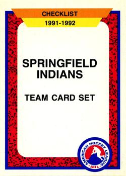 1991-92 ProCards AHL/IHL/CoHL #117 Springfield Indians Checklist Front
