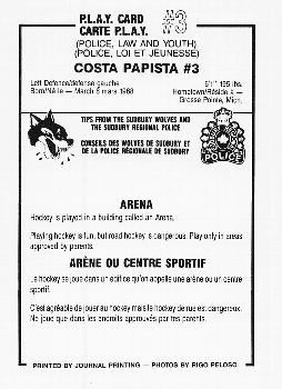 1986-87 Sudbury Wolves (OHL) Police #3 Costa Papista Back