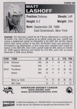 2007-08 Choice Providence Bruins (AHL) #9 Matt Lashoff Back