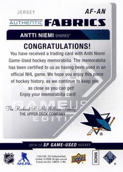 2014-15 SP Game Used - Authentic Fabrics #AF-AN Antti Niemi Back