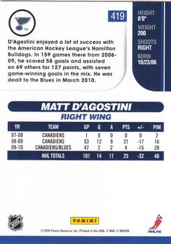 2010-11 Score #419 Matt D'Agostini  Back