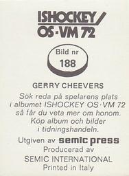 1972 Semic Ishockey OS-VM (Swedish) Stickers #188 Gerry Cheevers Back