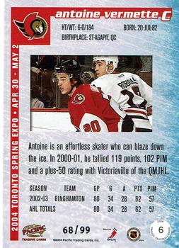 2004-05 Pacific - 2004 Pacific Toronto Spring Expo Gold #6 Antoine Vermette Back