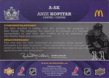 2008-09 Upper Deck McDonald's - Autographs #A-AK Anze Kopitar  Back