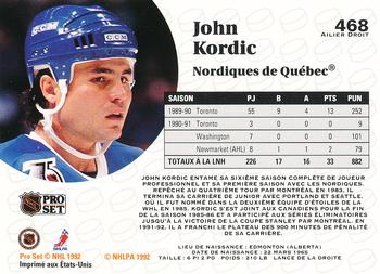 1991-92 Pro Set French #468 John Kordic Back