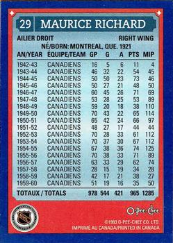 1992-93 O-Pee-Chee Montreal Canadiens Hockey Fest #29 Maurice Richard Back
