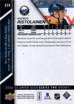 2015-16 Upper Deck #274 Rasmus Ristolainen Back