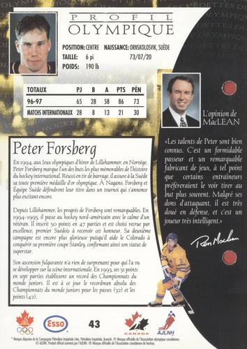 1997 Esso Olympic Hockey Heroes French #43 Peter Forsberg Back