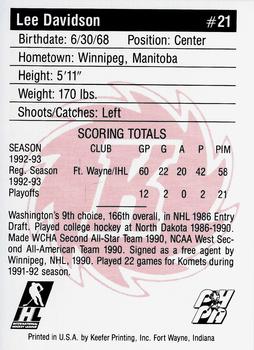 1993-94 Fort Wayne Komets (IHL) #NNO Lee Davidson Back