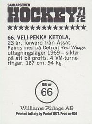 1971-72 Williams Hockey (Swedish) #66 Veli-Pekka Ketola Back