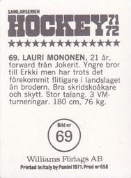 1971-72 Williams Hockey (Swedish) #69 Lauri Mononen Back