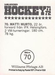 1971-72 Williams Hockey (Swedish) #70 Matti Murto Back