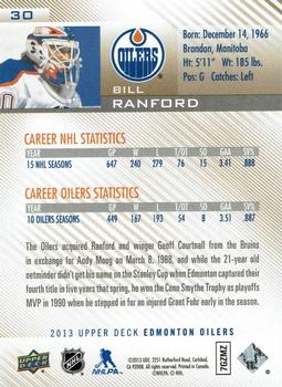 2013 Upper Deck Edmonton Oilers #30 Bill Ranford Back