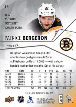 2015-16 SP Authentic #12 Patrice Bergeron Back