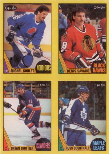 1987-88 O-Pee-Chee - Wax Box Bottom Panels #MNOP Michel Goulet / Denis Savard / Bryan Trottier / Russ Courtnall Front