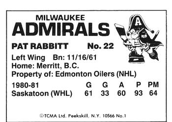 1981-82 TCMA Milwaukee Admirals (IHL) #1 Pat Rabbitt Back